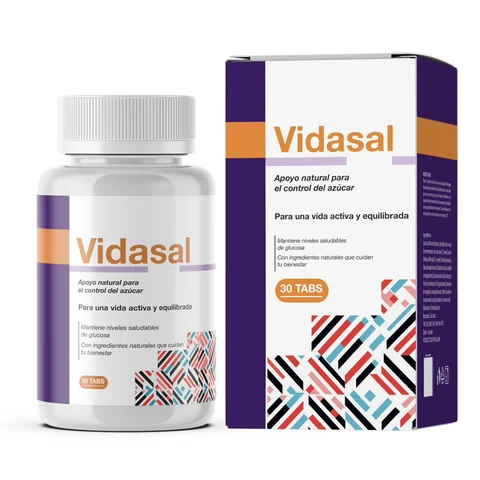 Frasco y caja de Vidasal tabletas, presentación de Ecuador