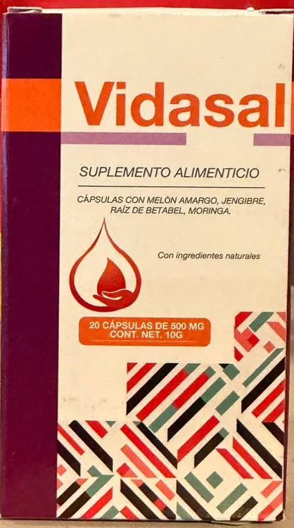 Caja de Vidasal suplemento alimenticio, 20 cápsulas de 500 mg